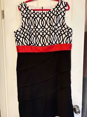 Sleeveless Black & White Sheath Dress with Red Waistband